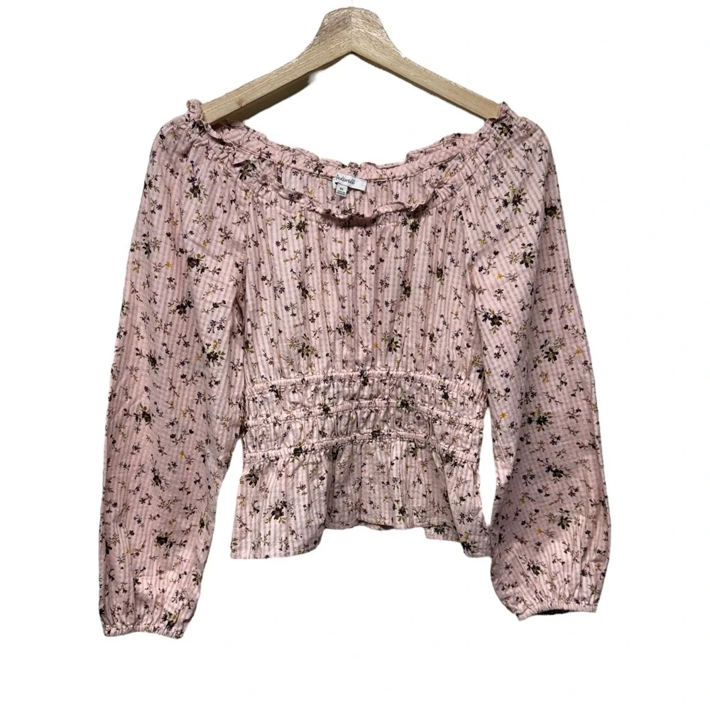 Madewell Sophia Top Bouquet Floral XS Pink Smocked Puff Sleeve Cottage Ruffle‎